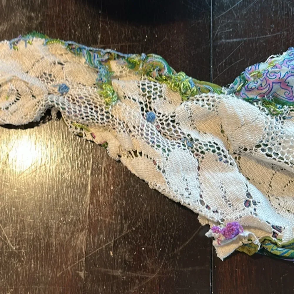 Hand Crafted head scarf hat band antique silk lace embroidered Multi floral